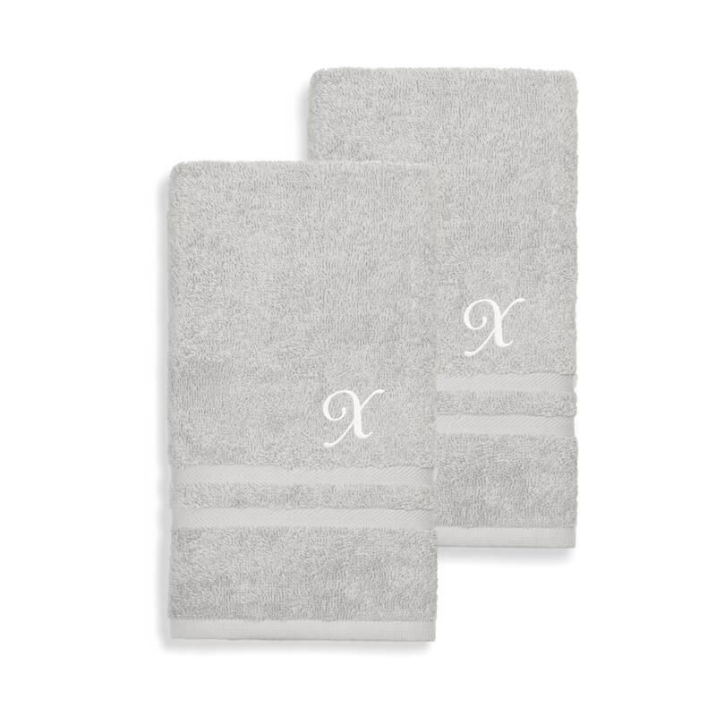 Gracewood Hollow John Turkish Cotton Set of 2 Grey Hand Towels with White Script Monogr - Grey/X