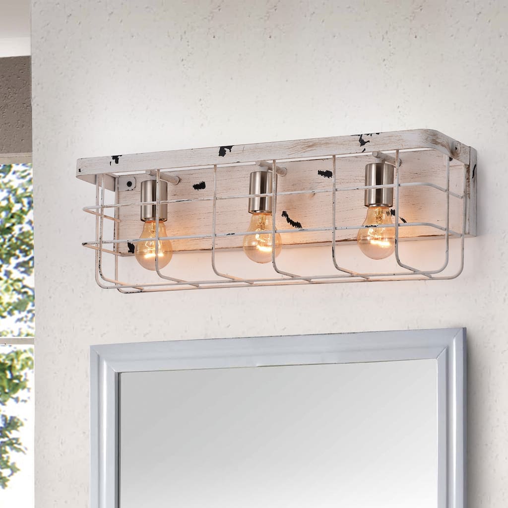 Antique White 3-Light Wood Caged Vanity