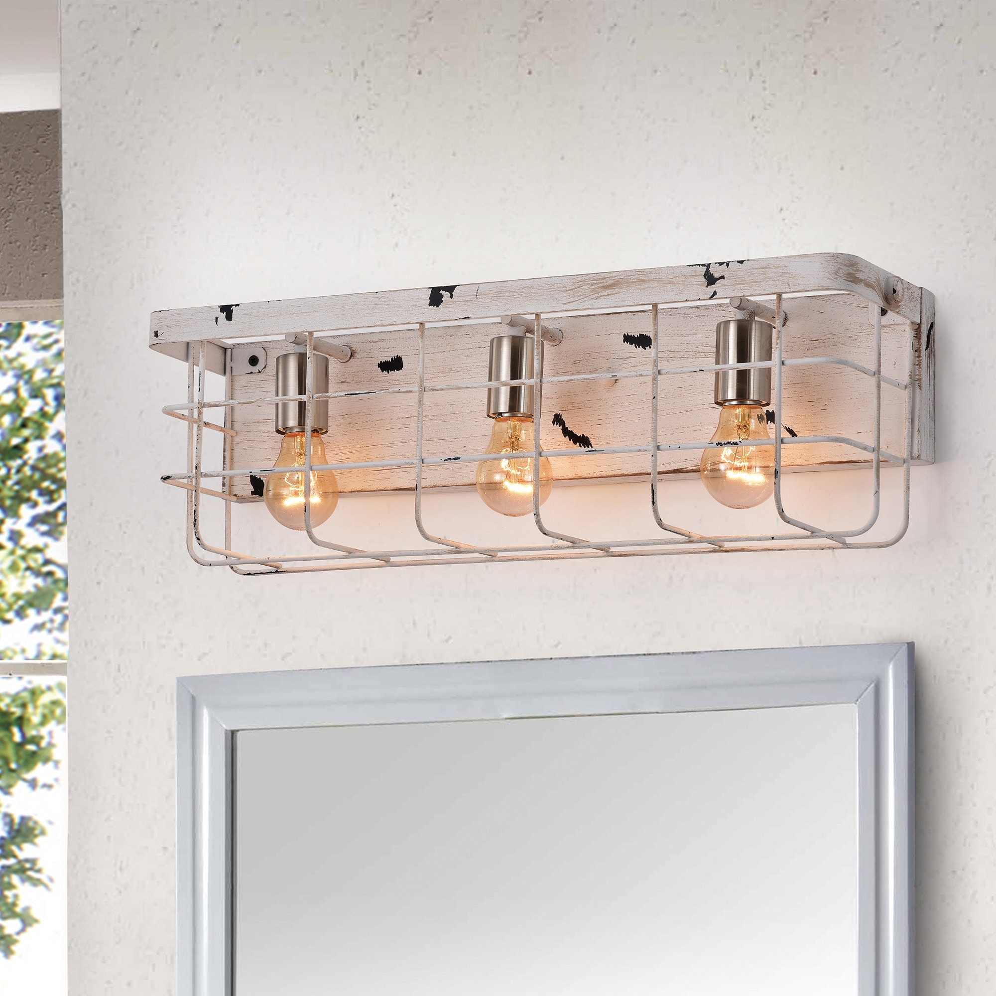 Antique White 3-Light Wood Caged Vanity