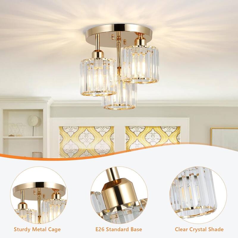Crystal Semi Flush Mount Ceiling Light,3-Light Modern Close to Ceiling Light Fixtures,Kitchen Light Fixtures
