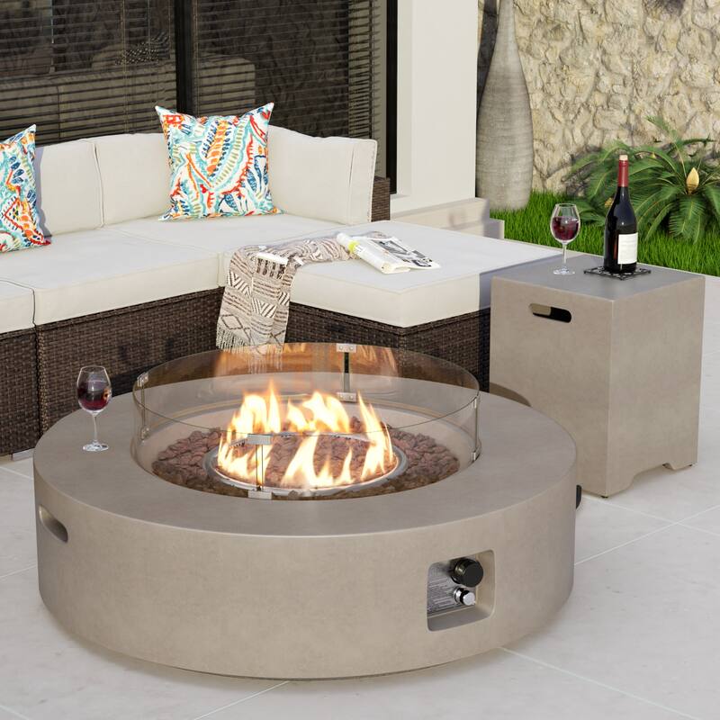 Round Terrazzo Outdoor Firepit with Propane Tank Cover & Wind Guard - Grey