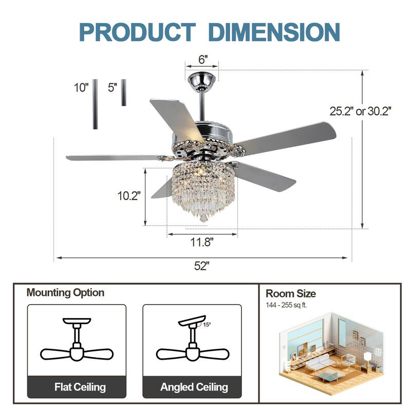 52" Chrome Chandelier Ceiling Fan, Pull Chain Ceiling Fan with Remote Control 3 Speed Ceiling Fan for Bedroom and Living Room