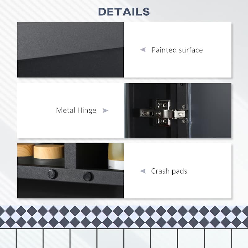 Jet Black Wall-Mount Bathroom Storage Mirror Cabinet with Double Doors and Multi-Tier Shelves - 23.5" W x 5.25" D x 27.5" H