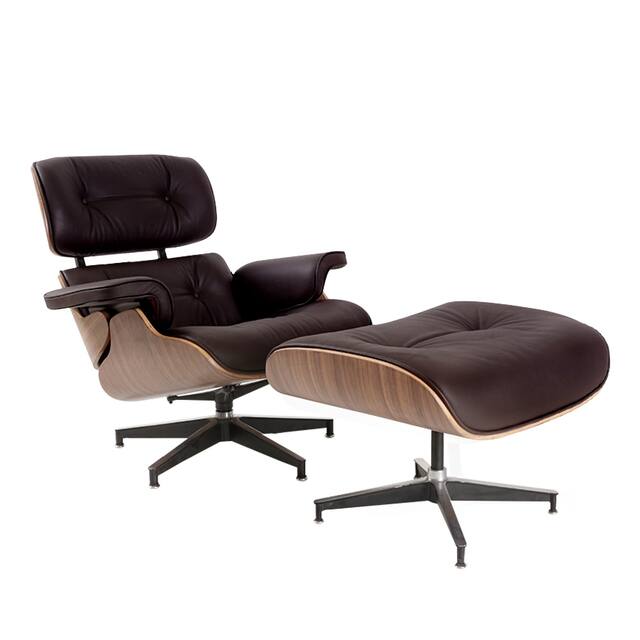 Mid Century Modern Lounge Chair and Ottoman with Real Leather for Home Office Living Room
