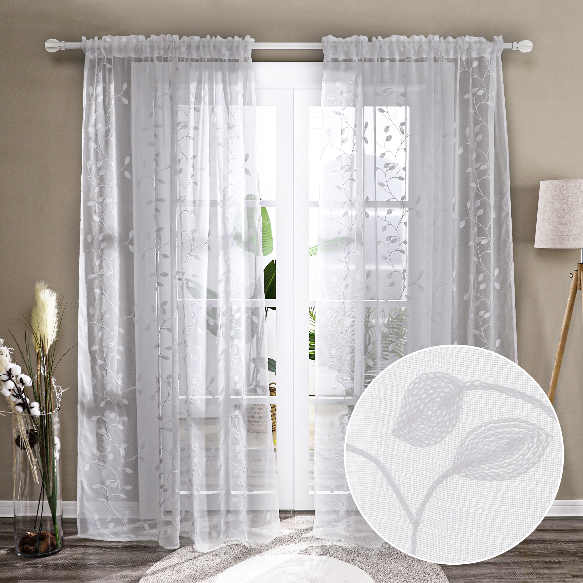 MIULEE Decorative Sheer Curtains with Embroidered Leaf Pattern for Liv