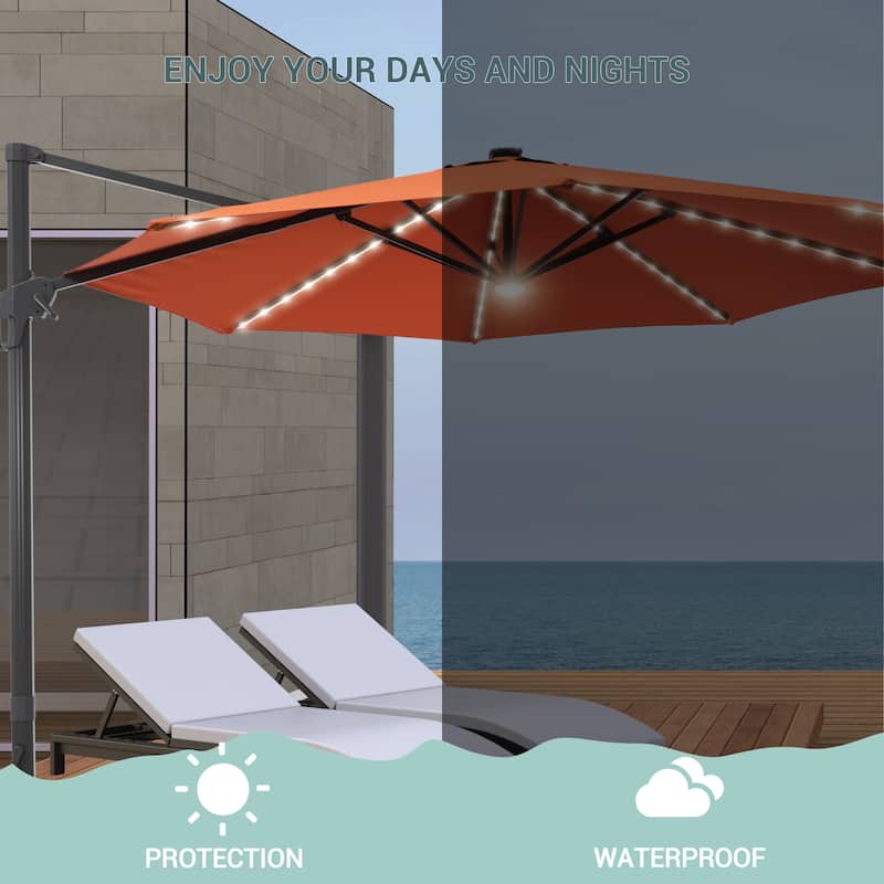 LIVOOSUN 11Ft Aluminum LED Patio Cantilever Offset Umbrella With Base