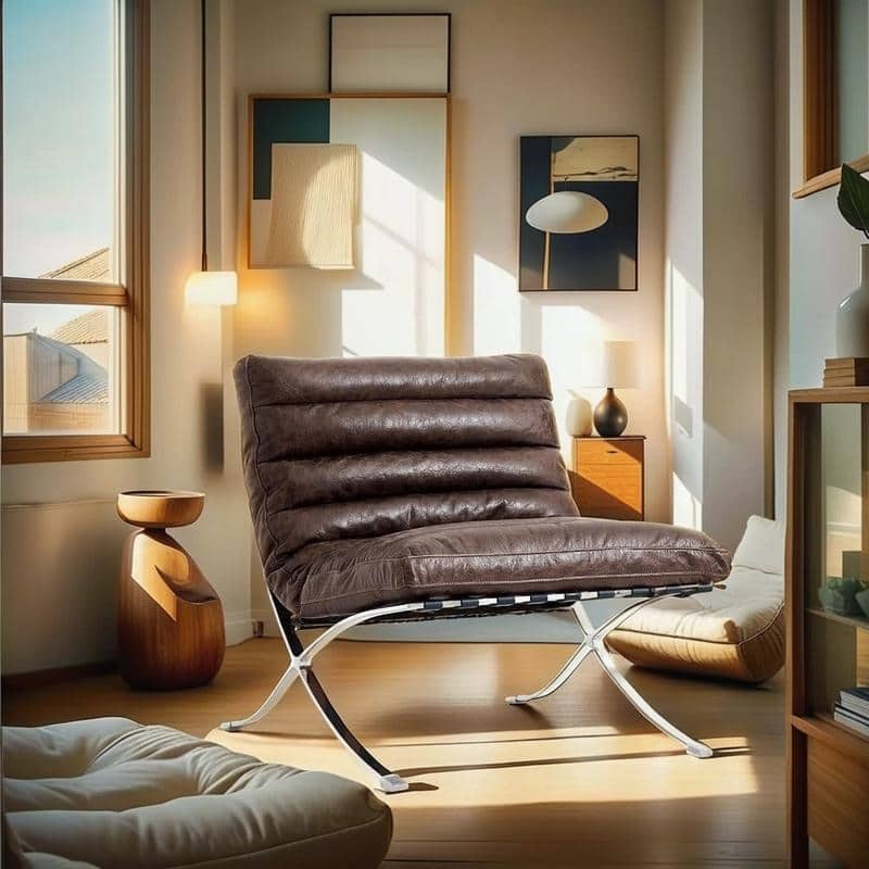 Mid Century Tufted Top Grain Leather Upholstered Lounge Chair