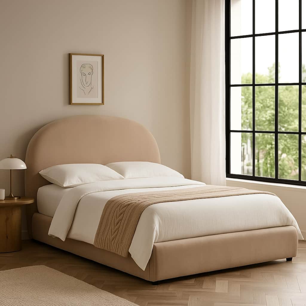 Feny Queen Size Bed w Arch Headboard, Camel Brown Velvet Upholstery