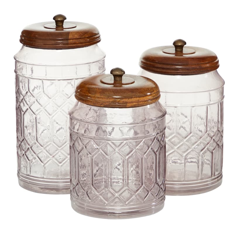 Glass Decorative Jars with Wood Lids - Set of 3 Clear - Roche River Decor - 6"W x 6"L x 11"H