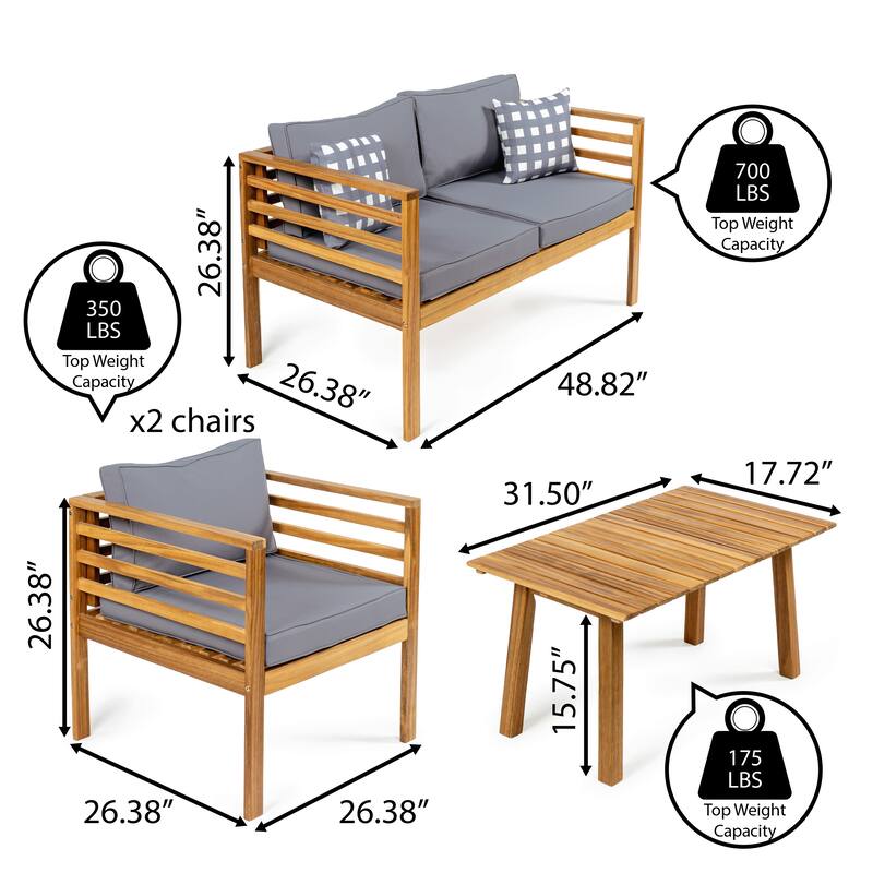 Everly 4-Piece Mid-Century Modern Acacia Wood Outdoor Patio Set with Cushions and Plaid Decorative Pillows, by JONATHAN Y