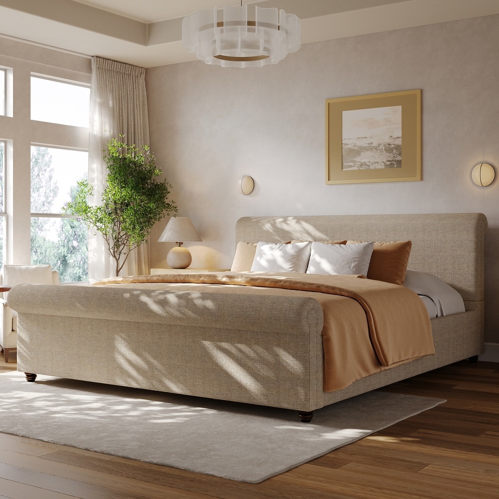 Christopher Knight Home - Modern Linen Upholstered Bed Frame with Solid Wood Legs and a Robust Headboard and Footboard