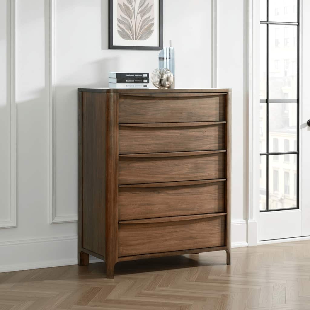 Rie Tall Dresser Chest with 5 Storage Drawers, Brown Walnut Wood