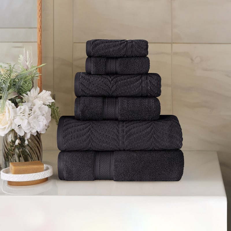 Superior Chevron Zero Twist Solid and Jacquard Cotton 6 Piece Towel Set - Black