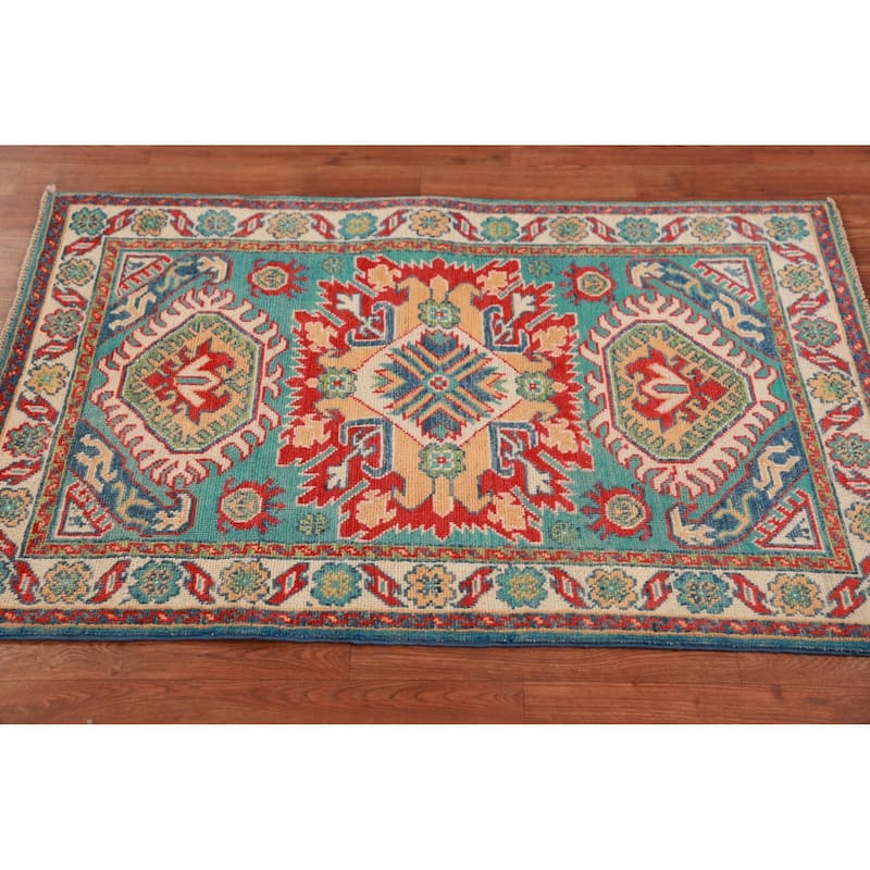 Turquoise Kazak Foyer Rug Hand-Knotted Wool Carpet - 2'8"x 4'1"