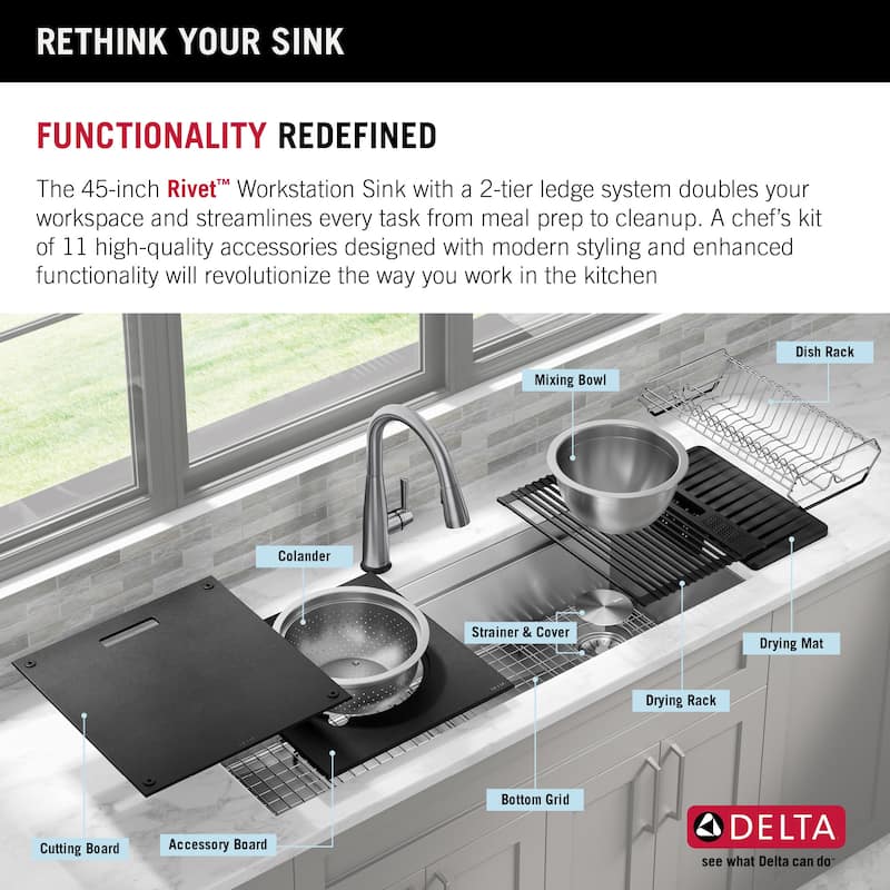 Delta 95BA131-45S Rivet 45” Workstation Kitchen Sink Undermount 16