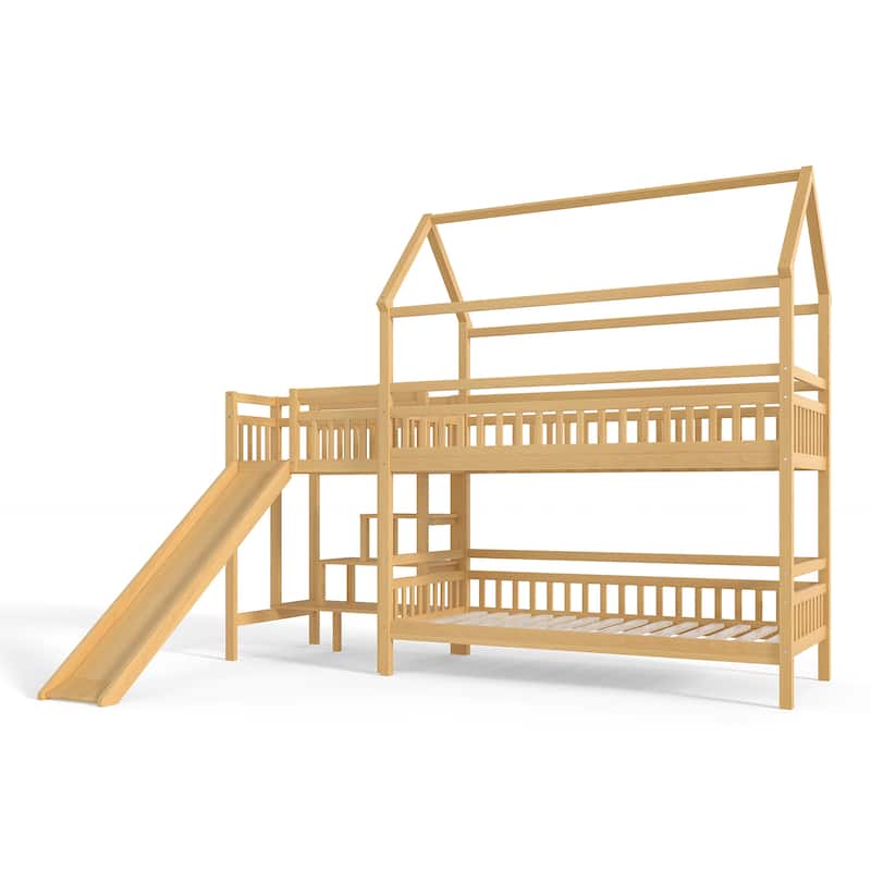 Twin House-shaped Bunk bed with Slide,Playhouse Bed with Storage Stairs, Two Placement Methods, Noise-free Design, Natural