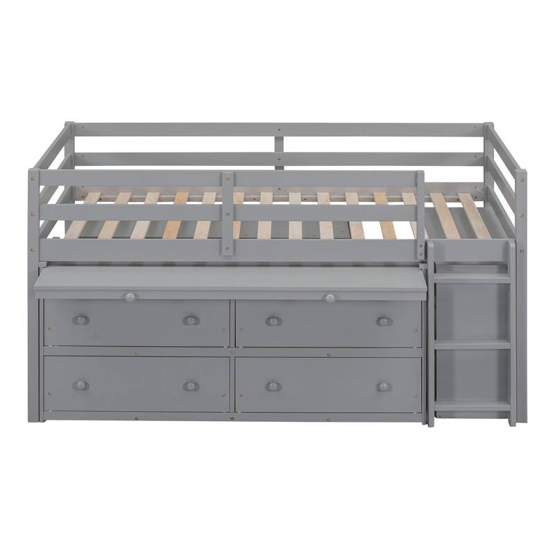 Solid Wood Loft Bed with Retractable Desk and Drawers