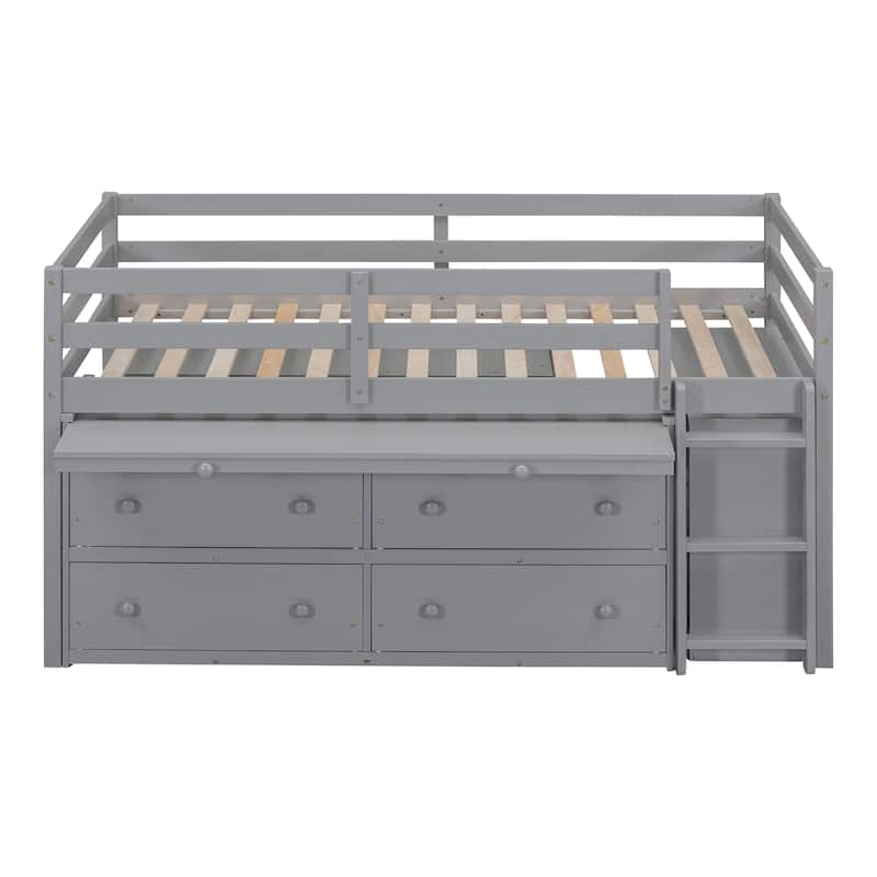 Twin Size Solid Wood Loft Bed with Retractable Desk and Drawers