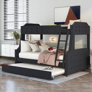 Twin over Full Velvet Upholstered Bunk Bed with Trundle and Tufted ...