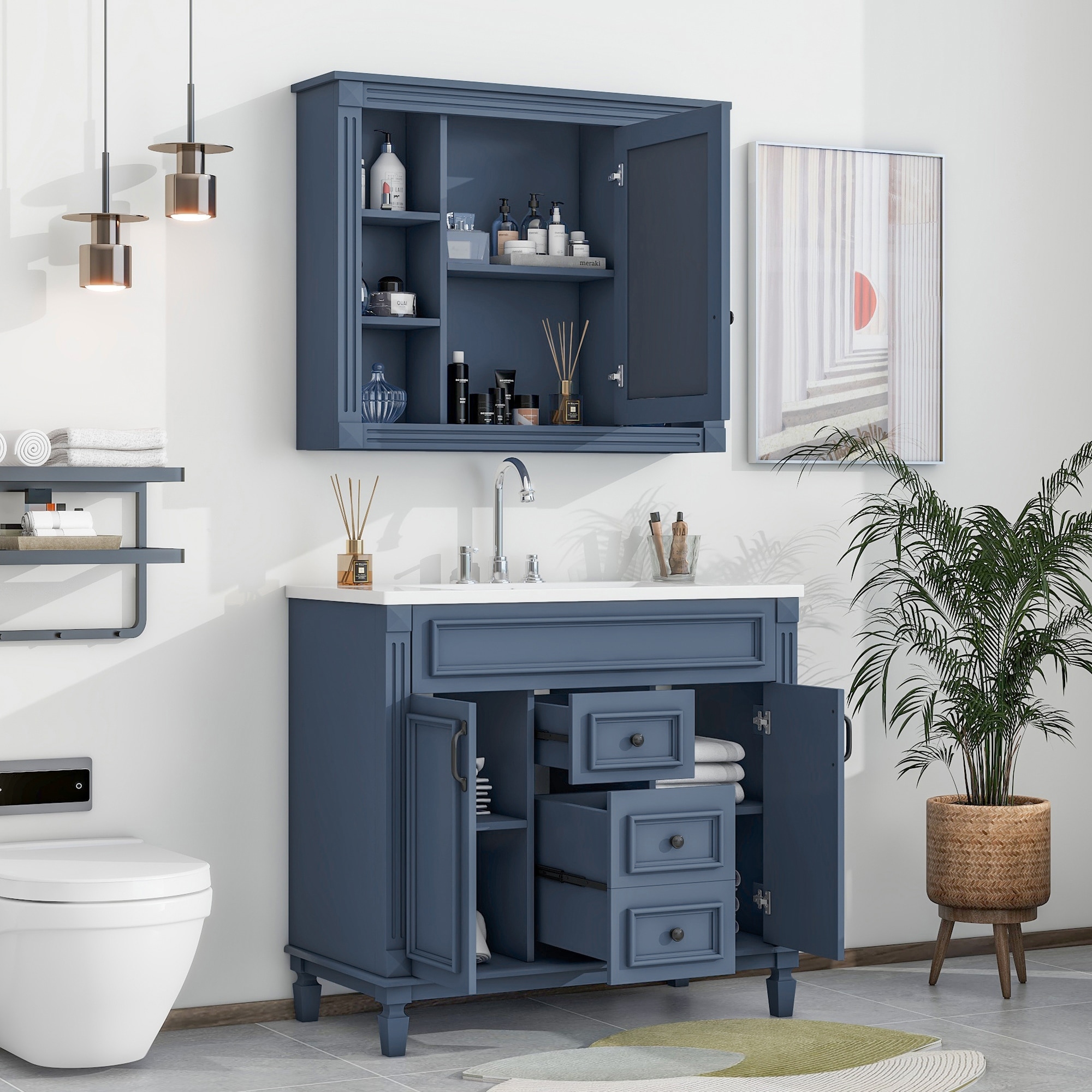36 Modern Bathroom Vanity with Top Sink, Royal Blue Mirror Cabinet, 2 Soft  Close Doors and 2 Drawers, Blue - ModernLuxe