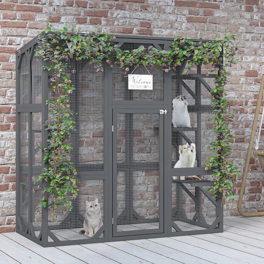 60" Wooden Outdoor Catio Cat Enclosure with Roof & Platforms for Cats