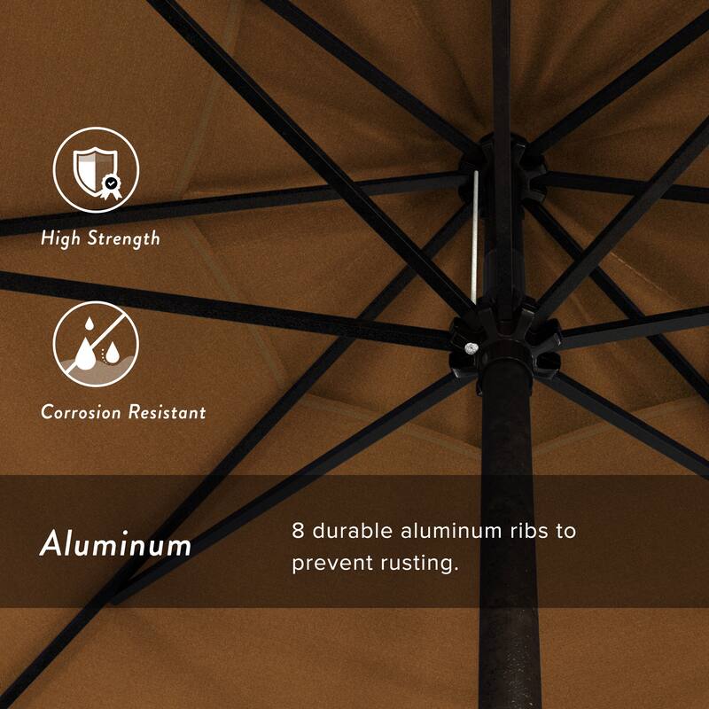 California Umbrella 9' Rd. Crank Lift Auto Tilt 8 Rib Aluminum Patio Umbrella, Bronze Finish, Sunbrella Spectrum Cilantro Fabric