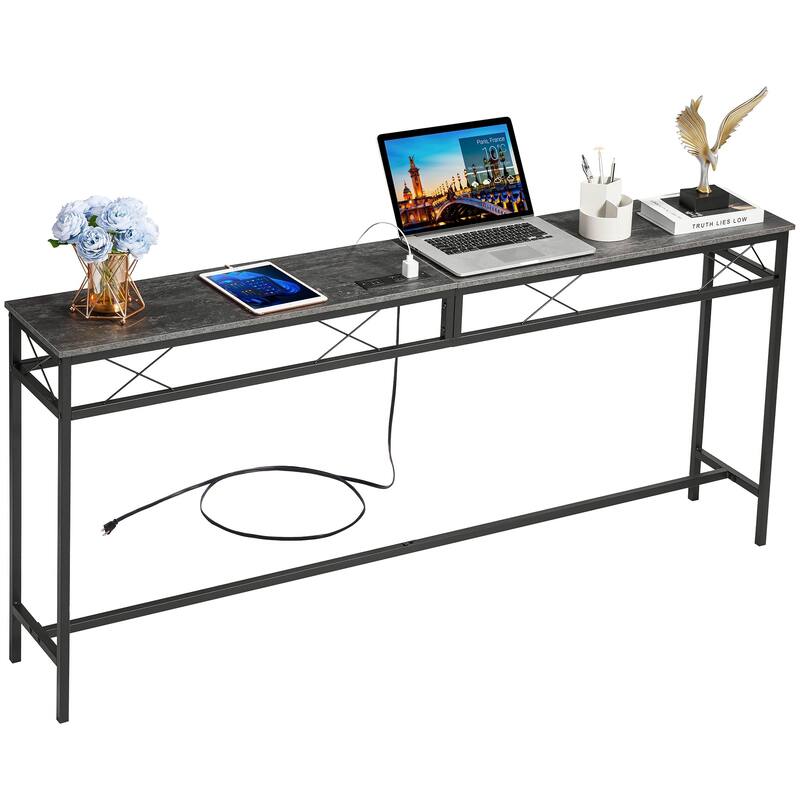 VECELO Industrial Rectangular Wood Console Table with AC Power and USB Charging Ports
