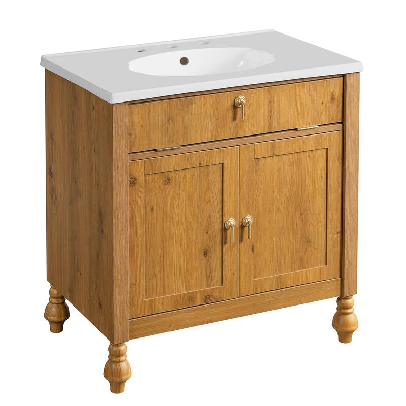 Christopher Knight Home - Jin 30-Inch Walnut Bathroom Vanity: Seashell Resin Sink & Flip-Up Storage