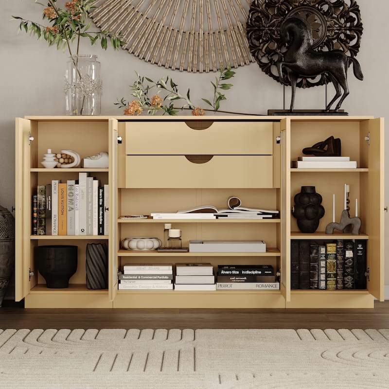 Palace Imports 100% Solid Wood 65" Sideboard with Solid, Frosted Glass Doors, 2-Drawers and Adjustable Shelves - Yellow
