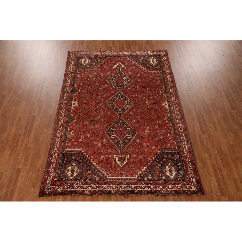 Tribal Geometric Shiraz Persian Vintage Rug Handmade Red Wool Carpet - 7'8"x 10'8"
