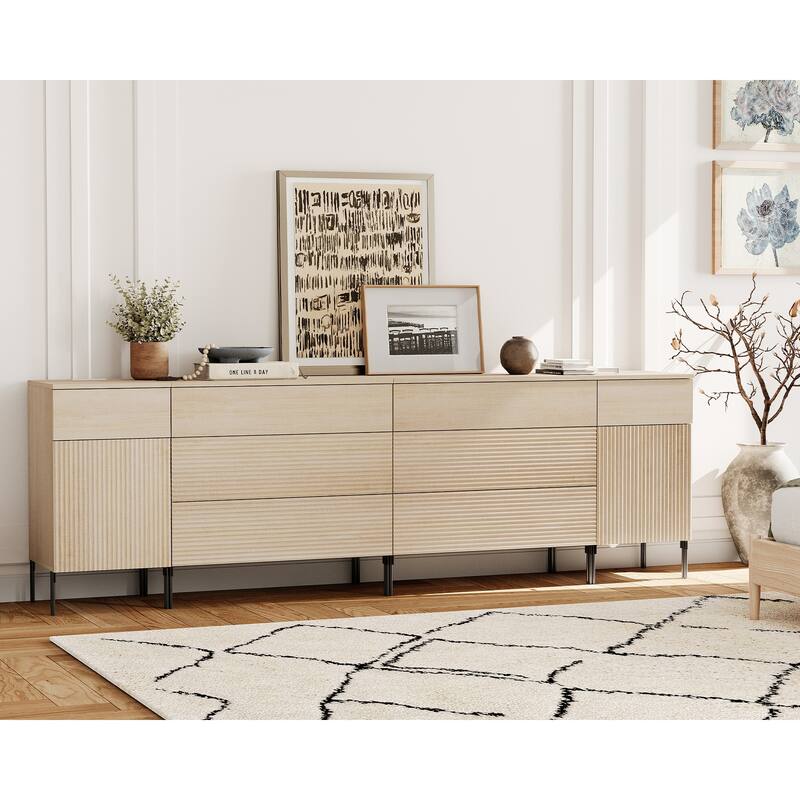 94.5" Wooden Reeded Sideboard With Built-In Charging Station, 4-In-1 Modern Credenza
