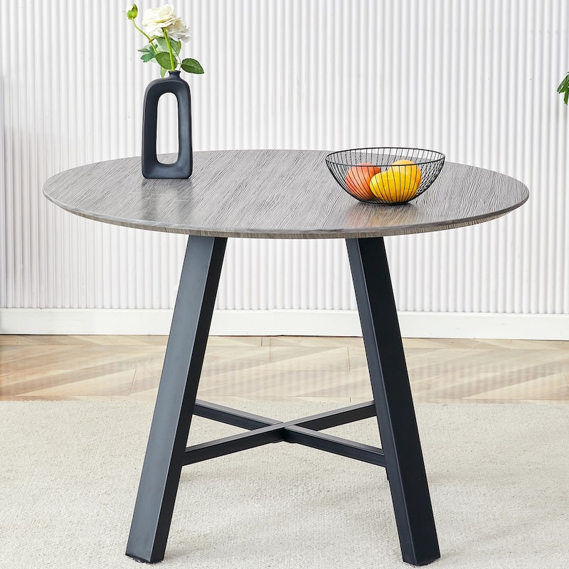 Modern Minimalist Round Dining Table And Coffee Table,42 Inch Diameter Mdf Table Top,Deep Wood Grain Table Top,Black Metal Legs