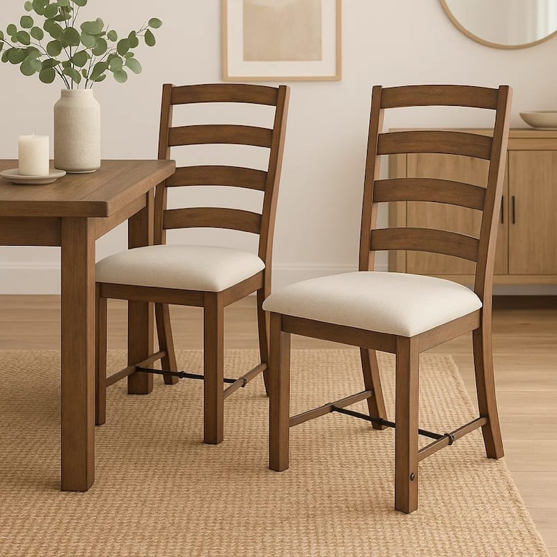 Yael Ladderback Dining Chair Set of 2, White Seat, Brown Solid Mahogany