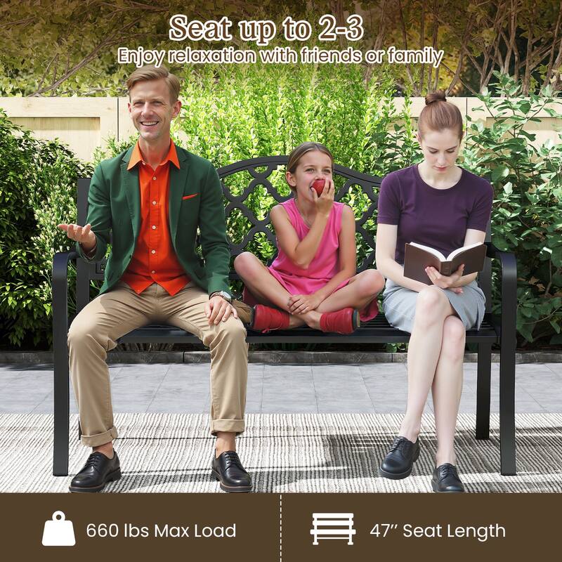 Black Metal Patio Bench with Patterned Backrest, Curved Armrests and Anti-Slip Pads - 21.5" L x 50.5" W x 35" H