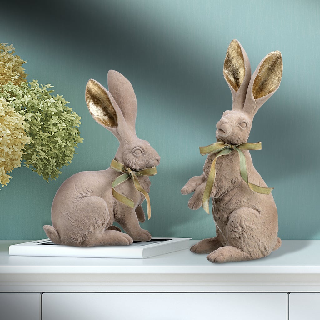 Resin Flock Bunny With Bow 11" Set of 2
