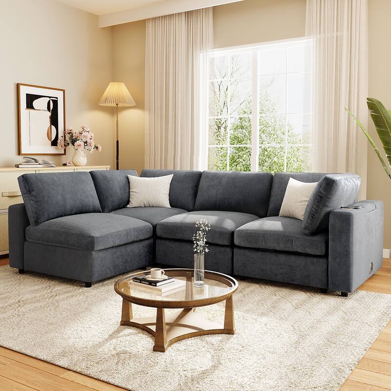 Modular Upholstered Sectional Sofa with Storage Space, USB Charge Ports, Wireless Charging and Built-in Bluetooth Speaker in Arm
