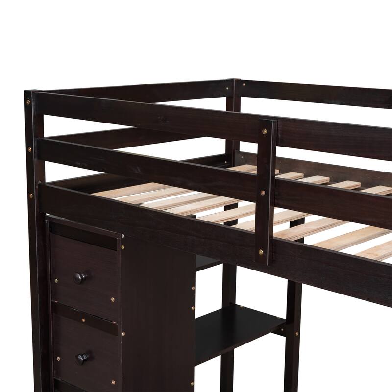 Wooden Twin Size Loft Bed with Desk,Storage Stairs,Drawers and Shelves