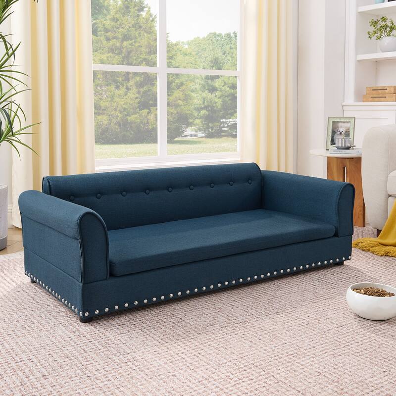 Oversized Pet Sofa, Elegant Modern Linen Fabric Elevated Dog Sofa Bed, Oversized Rectangular Pet Bed with Backrest & Armrest