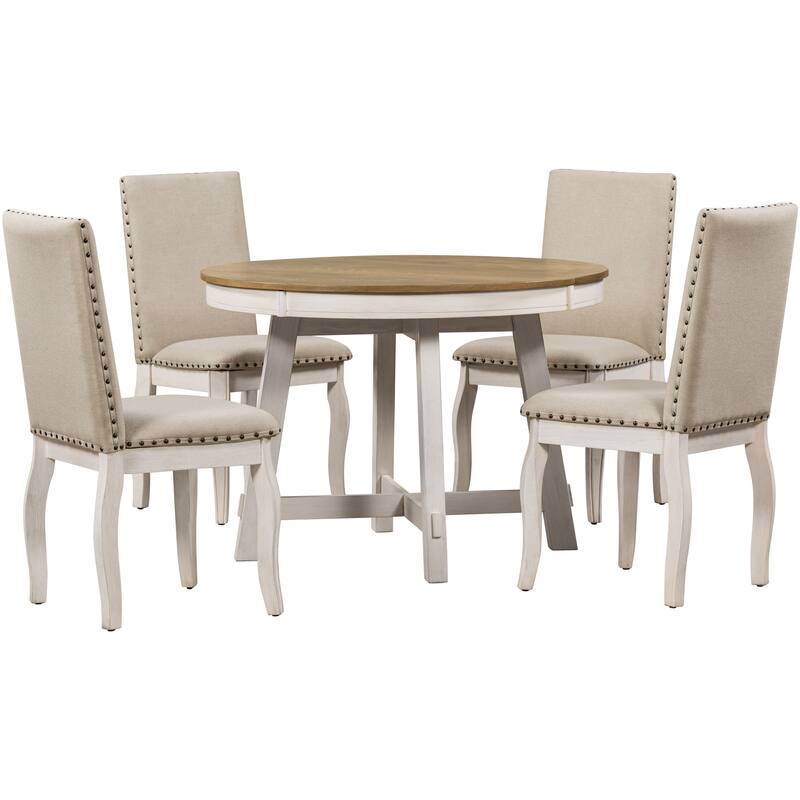 5-Piece Farmhouse Dining Table Set Wood Round Extendable Dining Table and 4 Upholstered Dining Chairs