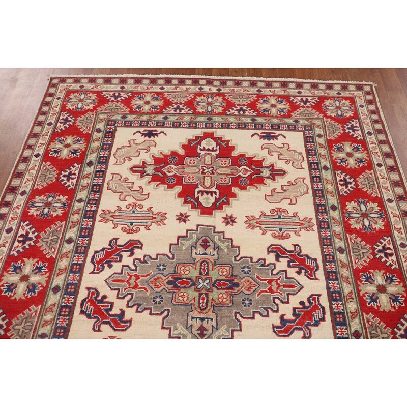 Kazak Oriental Area Rug Hand-Knotted Beige Geometric Wool Carpet - 5'1" x 6'7"