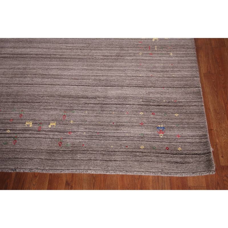 Striped Gabbeh Square Area Rug Hand-Knotted Wool Carpet - 8'1"x 8'0"