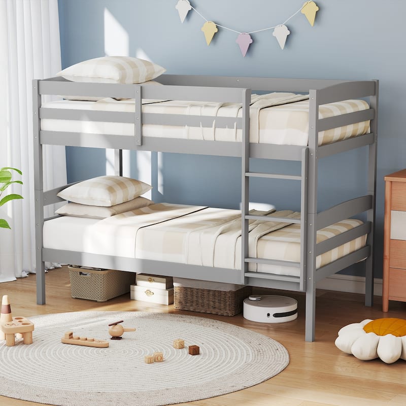 Solid Wood Twin Over Twin Bunk Bed with Guardrails and Ladder