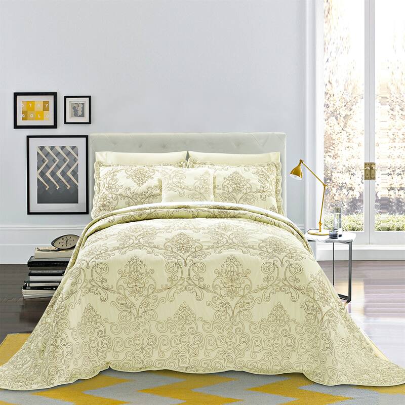 4 Piece Damask Embroidery Coverlet Set Soft Microfiber Bedding