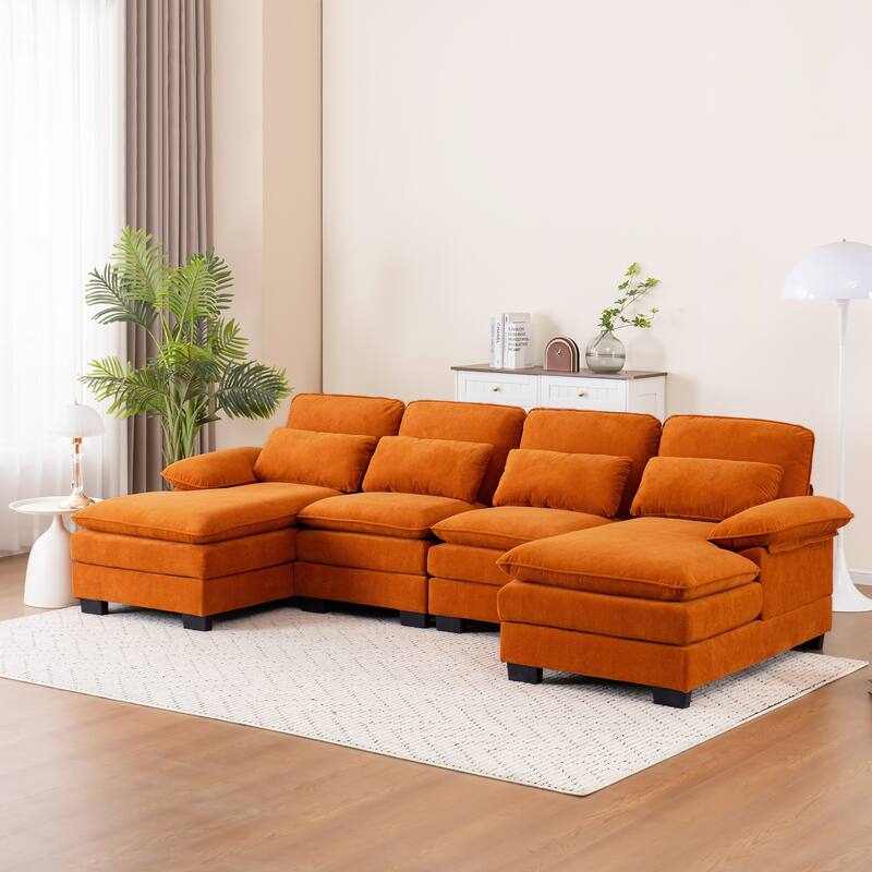 U Shape 111.8"Modern Comfort Combination Sectional Sofa,4-seat Velvet Fabric Upholstered Sofas with Chaise Lounge & Pillows