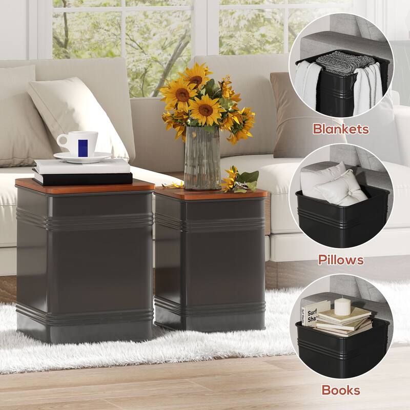 Set of 2 Black Metal Storage Ottomans with Walnut Removable Wood Lids for Living Room or Bedroom - 14.6" W x 14.6" D x 19.1" H
