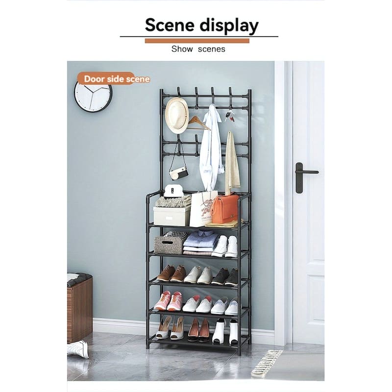 5-Tier Freestanding Shoe Rack and Coat Stand Entryway Organizer for Shoes Boots Hats - 26”L x 11”W x 68.9”H