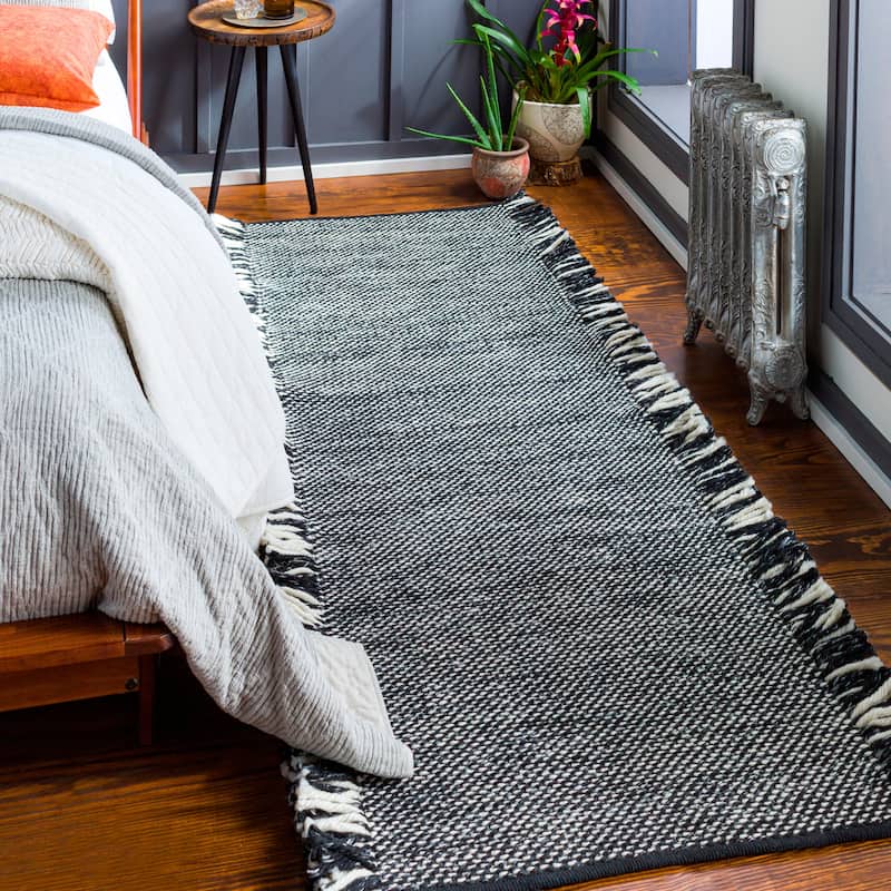 Surya Liam Outdoor Safe Modern Solid Fringe Area Rug - 2'6" x 8' Runner - Black