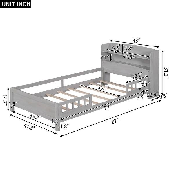 dimension image slide 1 of 2, Twin Bed with Storage Headboard and Guardrail, Wood Twin Platform Bed Frame with Built-in LED Light