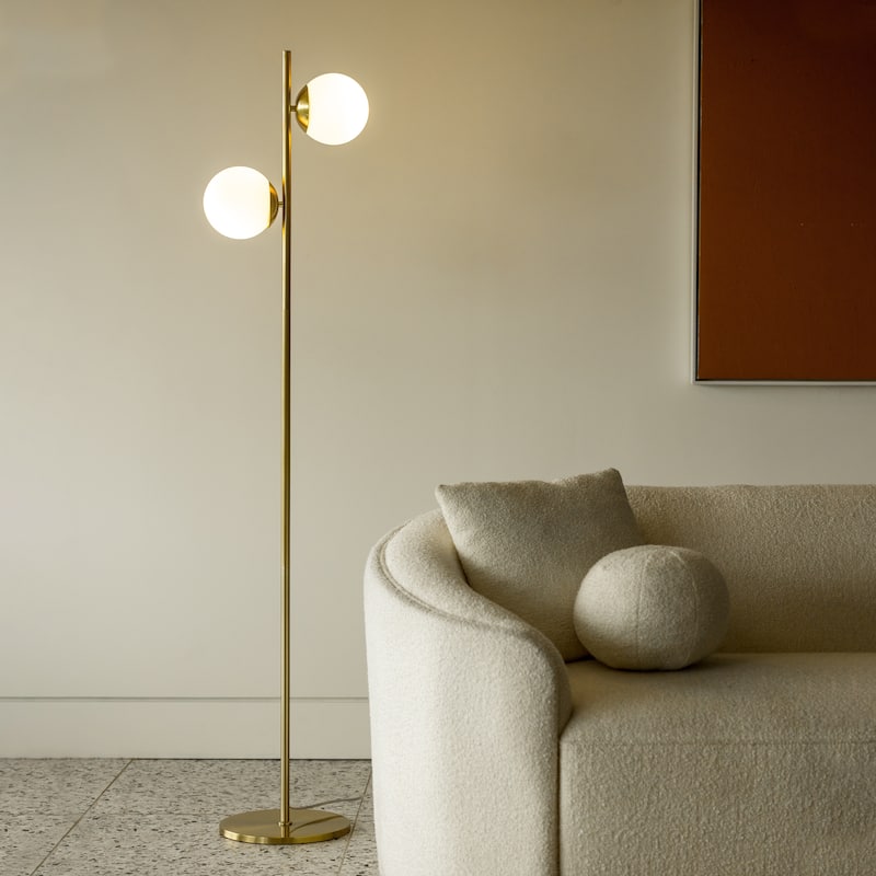 Brightech Sphere 65 in. Antique Brass Modern 2-Light LED Super Bright Floor Lamp with 2 Frosted White Glass Globe Shades