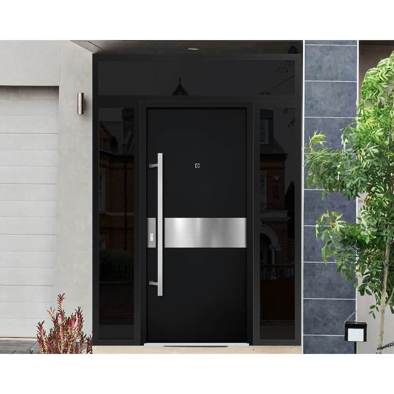 Front Prehung Steel Door 6072 Black Enamel Side and Top Window Sidelite W36+14xH80+16 Lh I Bedroom Door Bathroom Door